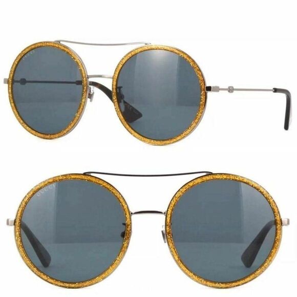 Gucci Ruthenium Frame & Blue Polarized Lens Women\'s Round Sunglasses